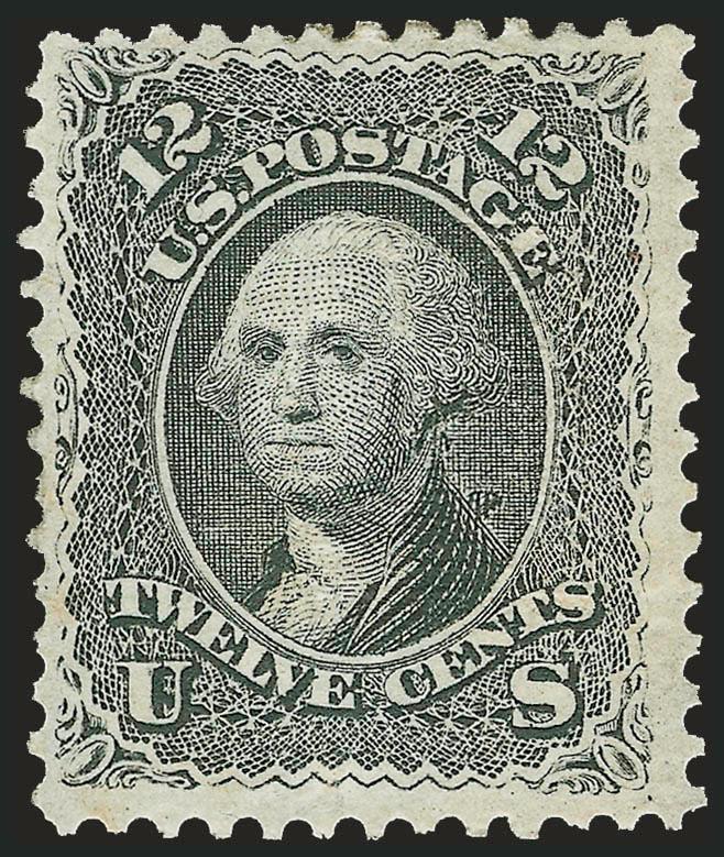 12c Black, E. Grill (90).> Original gum, strong grill, sharp impression, very fresh<><>^VERY FINE ORIGINAL-GUM EXAMPLE OF THE 1868 12-CENT E GRILL.^<><>With 1985, 1997 and 2005 P.F. certificates