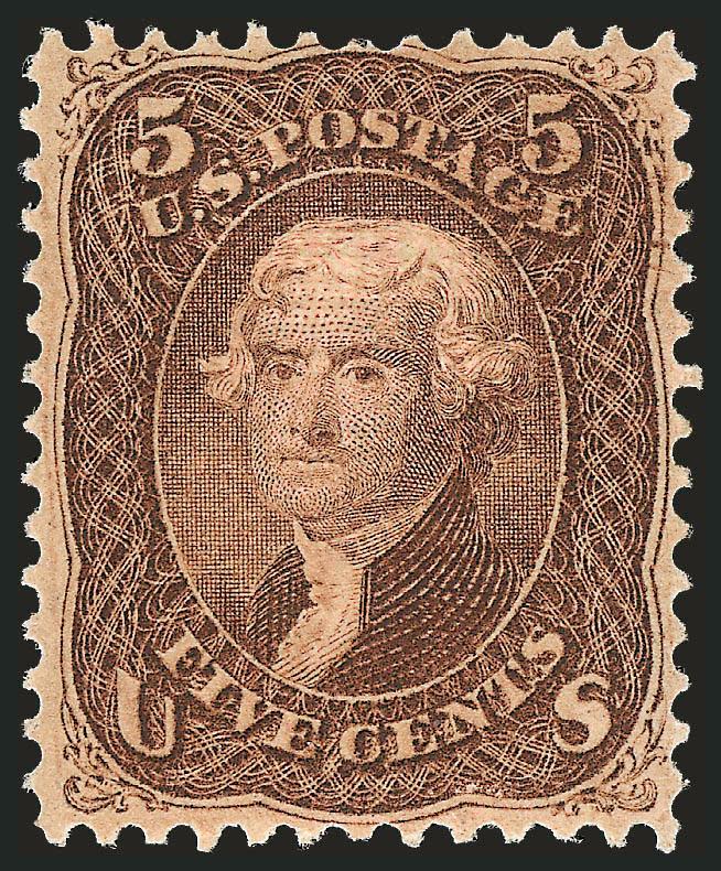 5c Brown, F. Grill (95). Mint N.H.,> deep rich color and proof-like impression, clearly-impressed grill, choice centering for this narrowly-spaced issue, single nibbed perf at top not mentioned on accompanying
certificate<><>^VERY FINE AND CHOICE.