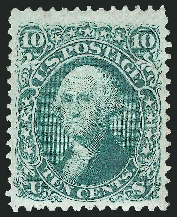 10c Yellow Green, F. Grill (96).> Original gum, lightly hinged, clear and sharp grill points, choice centering with unusually wide margin at top, rich color<><>^VERY FINE AND CHOICE ORIGINAL-GUM EXAMPLE OF THE
1868 10-CENT F GRILL.^<><>With 2000