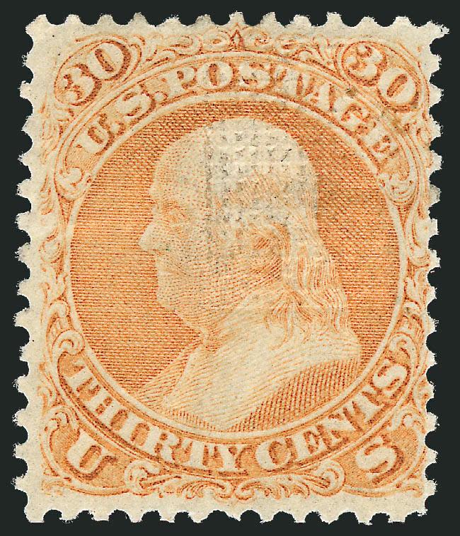 30c Orange, F. Grill (100).> Small part original gum (traces of gum), intense shade, clearly-defined grill, tiny corner perf crease at top left not mentioned on accompanying certificate<><>^FINE APPEARANCE. A
SCARCE UNUSED EXAMPLE OF THE 1868 30-CE