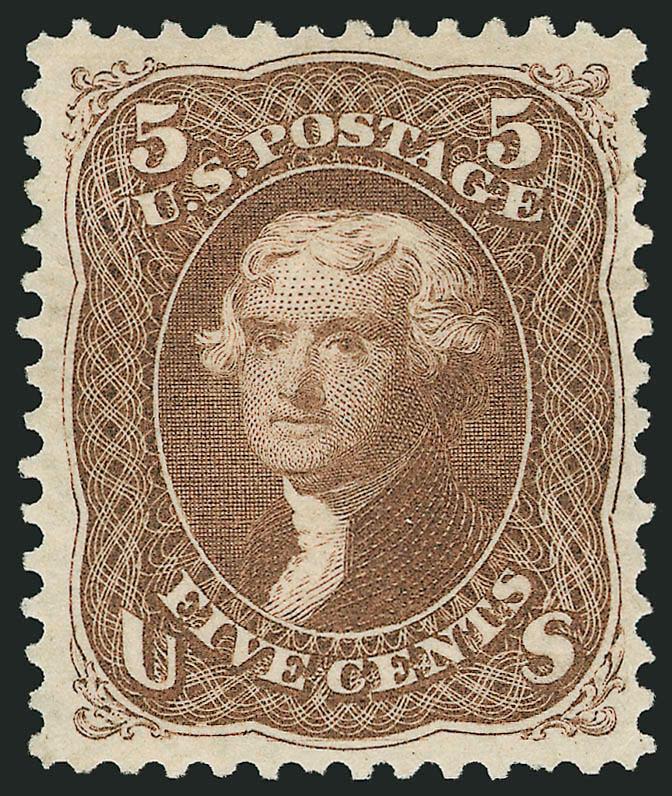 5c Brown, Re-Issue (105).> Original gum, lightly hinged, choice centering, pretty milk chocolate color<><>^VERY FINE AND CHOICE ORIGINAL-GUM EXAMPLE OF THE 5-CENT 1861 RE-ISSUE.^<><>Only 672 sold. Ex Hoffman.
With 2001 and 2003 P.F. and 2005 P.