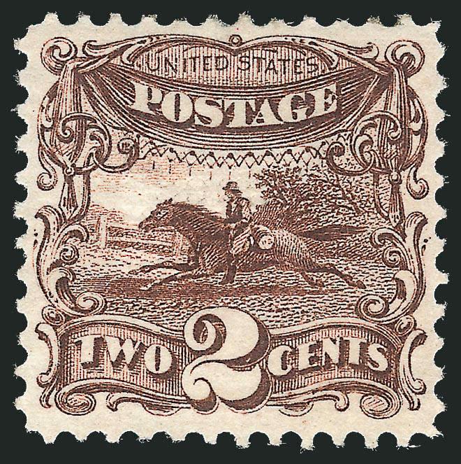 2c Dark Brown (113).> Original gum, magnificent deep chocolate color and very well-centered, sharp impression, Very Fine and choice, with 2009 P.F. certificate, this shade is certainly scarcer than the shades of
Brown and Reddish Brown typically se