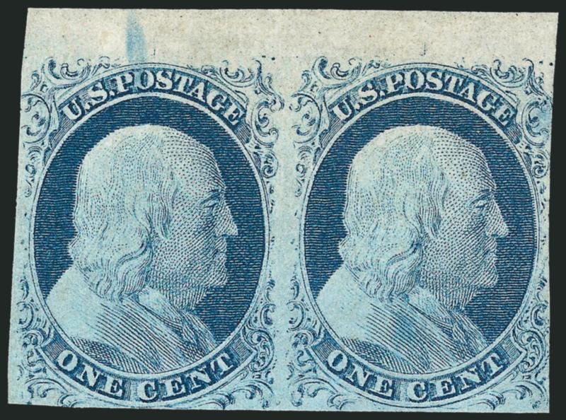1c Blue, Ty. II-IV (7-9).> Positions 4-5R1L, <Position 4R1L is the only one on Plate 1L which was not recut,> thus this pair is a combination of Types II and IV, unused (no gum), margins mostly clear to ample with
a large <top sheet margin> showing t