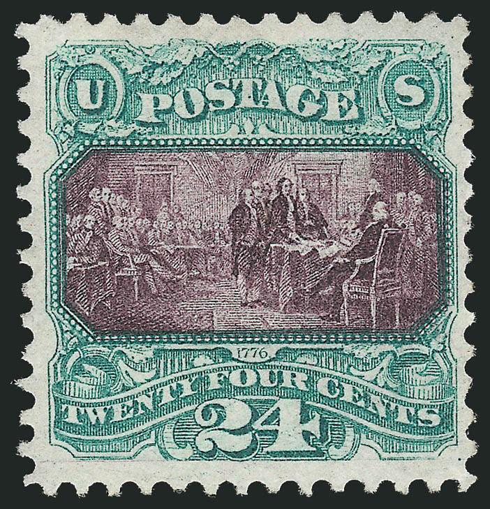 24c Green & Violet (120).> Unused (no gum), rich colors and detailed impressions on crisp paper, choice centering<><>^VERY FINE UNUSED EXAMPLE OF THE 24-CENT 1869 PICTORIAL ISSUE.^<><>With 1985 and 2007 P.F.
certificates