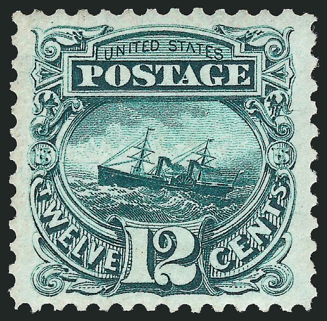 12c Green, Re-Issue (128).> Original gum, deep rich color and proof-like impression, choice centering with wide and balanced margins<><>^EXTREMELY FINE. A BEAUTIFUL ORIGINAL-GUM EXAMPLE OF THE 12-CENT 1869
PICTORIAL RE-ISSUE.^<><>With 2009 P.F. c