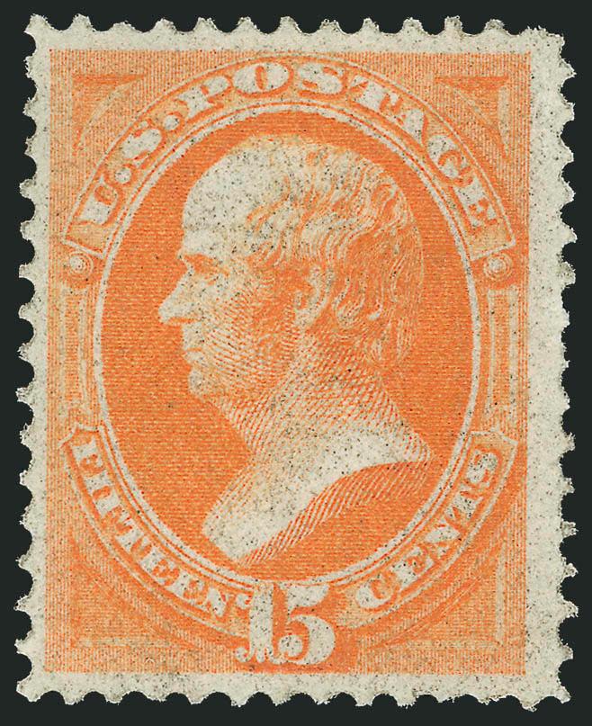 15c Orange, Grill (141).> H. Grill, disturbed original gum with some light overall gum staining, bright color<><>^VERY FINE. A RARE ORIGINAL-GUM EXAMPLE OF THE 1870 15-CENT NATIONAL BANK NOTE COMPANY GRILLED
ISSUE.^<><>With 1984 and 2003 P.F. cer