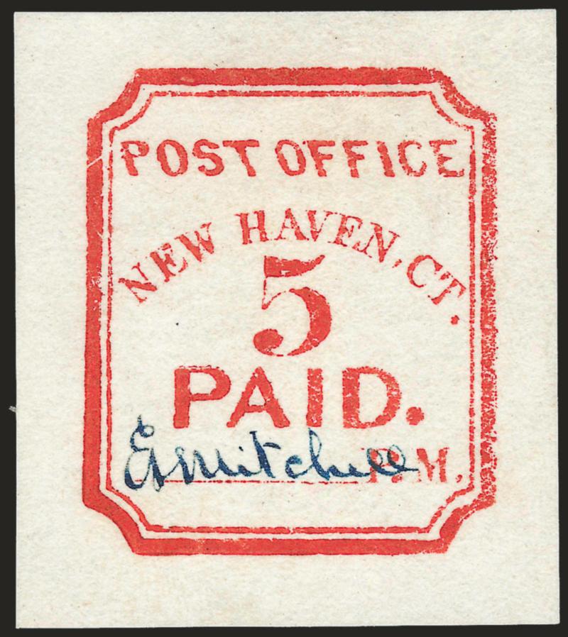 New Haven Conn., 5c Vermilion, Peets Reprint (8XU1R).> 35 x 39mm, dark blue original signature of E. A. Mitchell, according to Scott Catalogue, 30 reprints were made in 1874 for Cyrus B. Peets, the Chief Clerk for
Mitchell, Very Fine and choice, wi