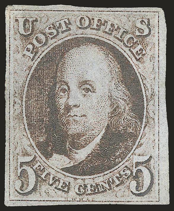 5c Dark Brown (1a).> Unused (no gum), ample to large margins, deep rich color<><>^VERY FINE. A HANDSOME UNUSED EXAMPLE OF THE 5-CENT 1847 ISSUE IN A BEAUTIFUL DARK BROWN SHADE.^<><>Ex Neinken. With 1970 P.F.
certificate