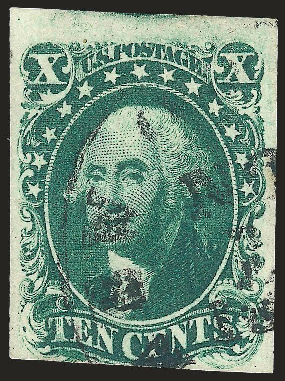 10c Green, Ty. I (13).> Large margins to just touched, rich color, unobtrusive strike of circular datestamp, Fine
