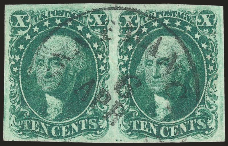 10c Green, Ty. I (13).> Positions 95-96R1, horizontal pair, large margins to well clear of type-defining shells at bottom, San Francisco 6 Apr circular datestamp, Very Fine-Extremely Fine pair, the 10c Type I
comes only from the bottom row, therefo
