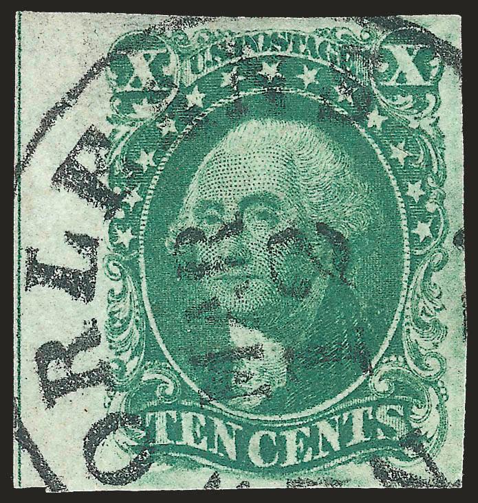10c Green, Ty. II (14).> Huge <sheet margin at left showing guide line>, large margins other sides, bold strike of New Orleans circular datestamp, Extremely Fine