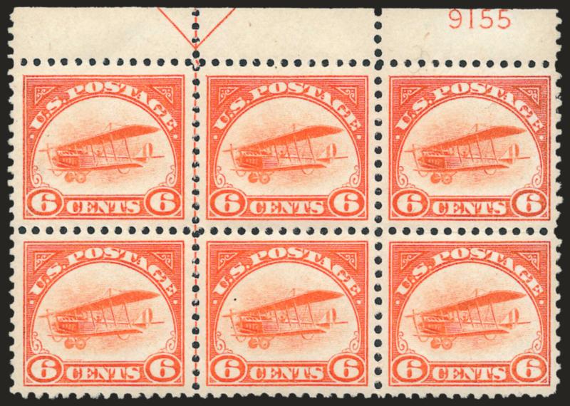 6c Orange, 1918 Air Post (C1).> Mint N.H. top plate no. 9155 and arrow block of six, vibrant color, choice centering, fresh and Extremely Fine, with 2010 P.S.E. certificate (XF 90)