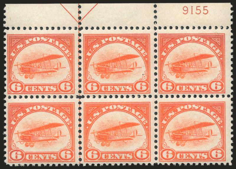 6c Orange, 1918 Air Post (C1).> Mint N.H. top arrow and plate no. 915 block of six, vibrant color, Very Fine and choice