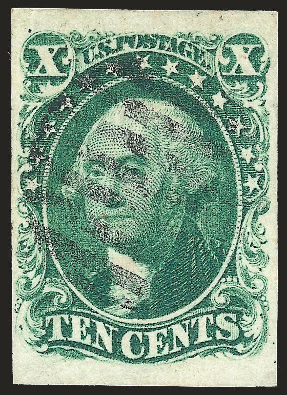 10c Green, Ty. II (14).> Ample to huge margins at top and bottom, pretty shade, grid cancel, Very Fine