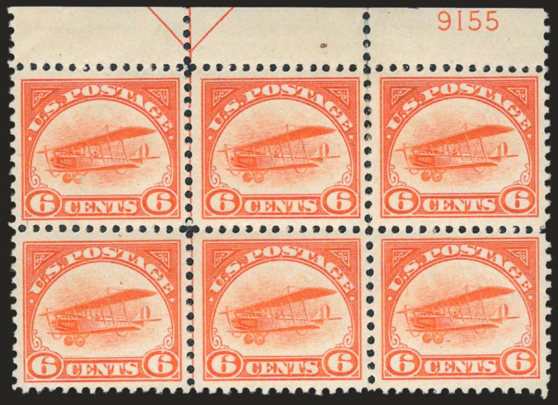 6c Orange, 1918 Air Post (C1).> Top arrow and plate no. 9155 block of six, four stamps Mint N.H., vibrant color, well-balanced margins, Extremely Fine