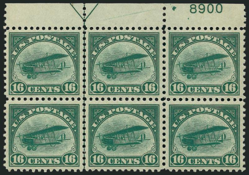 16c Green, 1918 Air Post (C2).> Mint N.H. top arrow and plate no. 8900 block of six, extraordinarily well-centered, Extremely Fine, with 2006 P.F. certificate