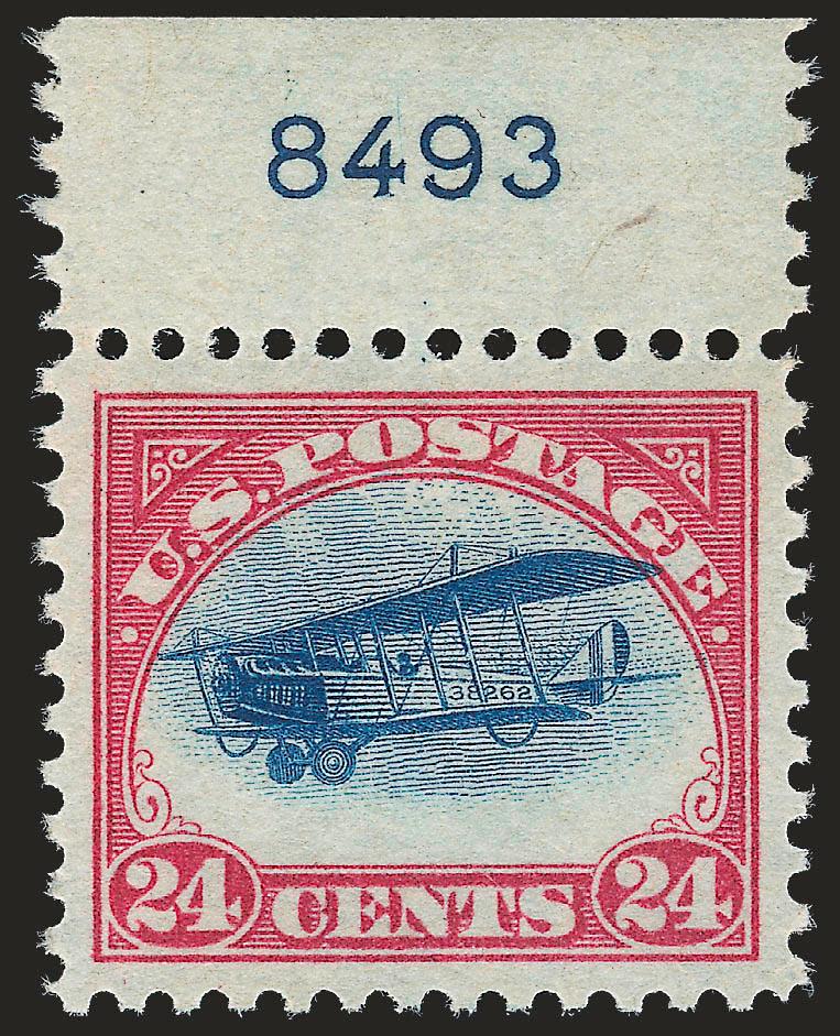 24c Carmine Rose & Blue, 1918 Air Post (C3).> Mint N.H. with top blue <plate no. 8493> selvage, perfectly balanced margins, fresh, bright colors, Extremely Fine Gem, with 2009 P.S.E. certificate (Superb 98 SMQ
$1,200.00)