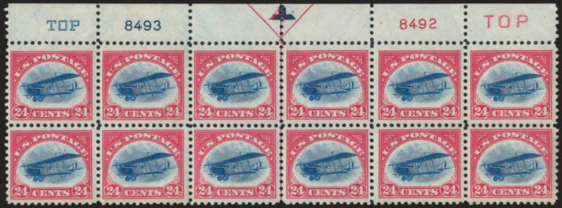 24c Carmine Rose & Blue, 1918 Air Post (C3).> Mint N.H. top arrow, double plate no. and double Top block of twelve, rich colors, unusually choice centering throughout, pos. 9 light natural gum bend, Extremely
Fine