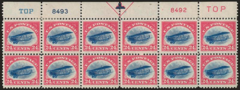 24c Carmine Rose & Blue, 1918 Air Post (C3).> Top arrow, double plate no. and double Top block of twelve, h.r. at top four stamps, top center pair and all bottom stamps Mint N.H., bright colors, few natural gum
creases, Fine-Very Fine