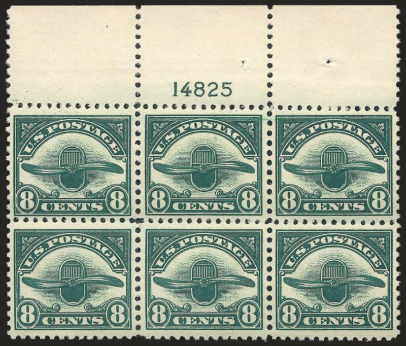 8c Dark Green, 1923 Air Post (C4).> Mint N.H. top plate no. 14825 block of six, rich color, top center stamp light natural gum bend, Very Fine