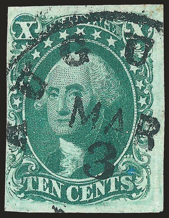 10c Green, Ty. IV (16).> Position 65L1, recut at top, large margins to just clear at left, bold strike of town datestamp, rich color, Very Fine, with 1985 P.F. certificate