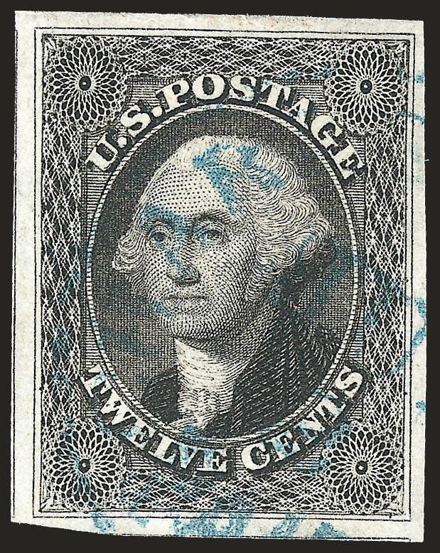 12c Black (17).> Huge margins all around, intense shade on bright paper, neat <blue> circular datestamp, Extremely Fine Gem, a superb large-margined example further enhanced by the blue cancel, with 1990 P.F.
and 2010 P.S.E. certificates (XF-Superb 9