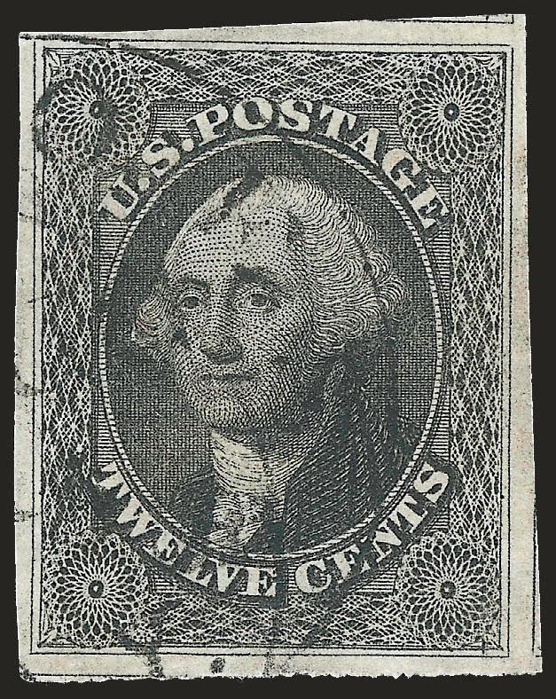 12c Black (17).> Large to huge margins incl. part of adjoining stamps on three sides, bright shade, unobtrusive strikes of circular datestamp, Extremely Fine Gem, a beautiful stamp, with 2007 P.S.E. certificate
(XF-Superb 95 SMQ $1,450.00)
