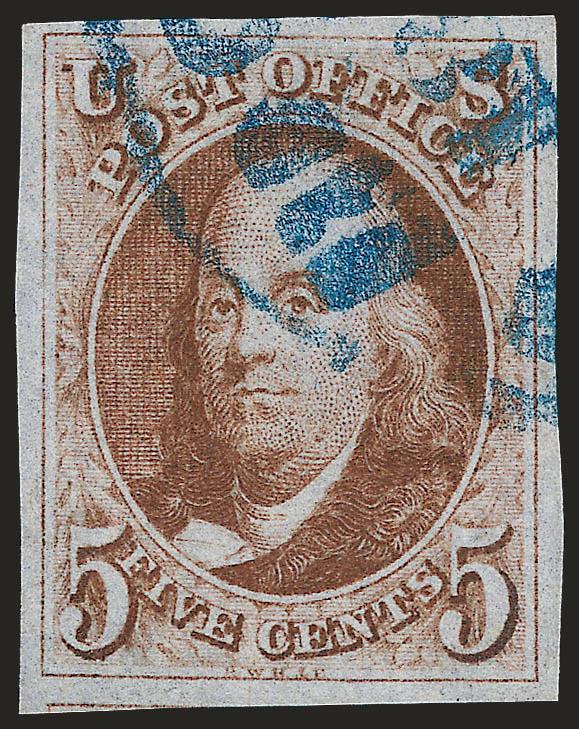 5c Red Brown (1).> Large even margins all around, beautiful rich color, neat strike of <blue> Philadelphia circular datestamp, Extremely Fine Gem