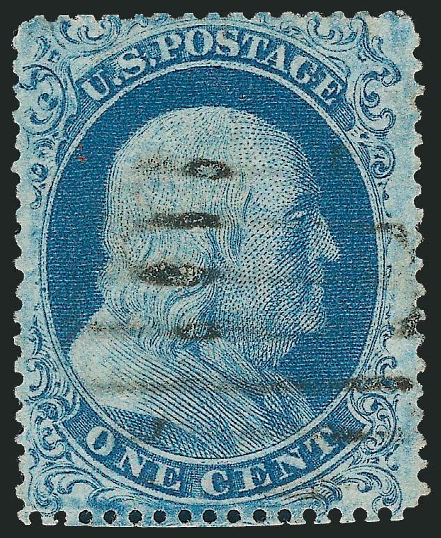 1c Blue, Ty. I (18).> Attractively centered, bright color with characteristic Plate 12 mottled impression, odd grid cancel, Very Fine