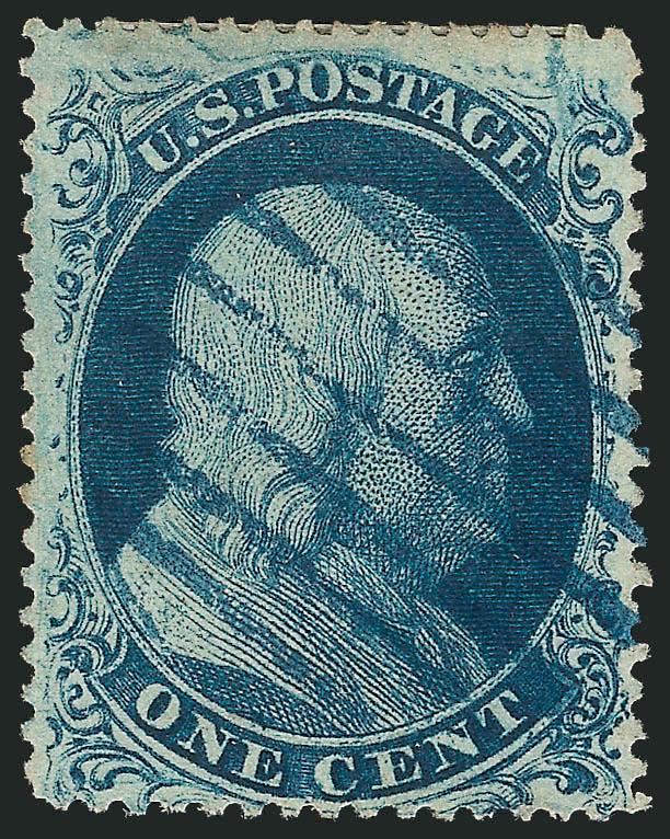 1c Blue, Ty. Ia (19).> Position 92L4, well-centered for this difficult issue with large part of the bottom plumes visible, <blue grid> cancel, deep rich color<>^VERY FINE. A BEAUTIFUL AND SOUND EXAMPLE OF THE
RARE 1857 ONE-CENT PERFORATED TYPE IA.^<