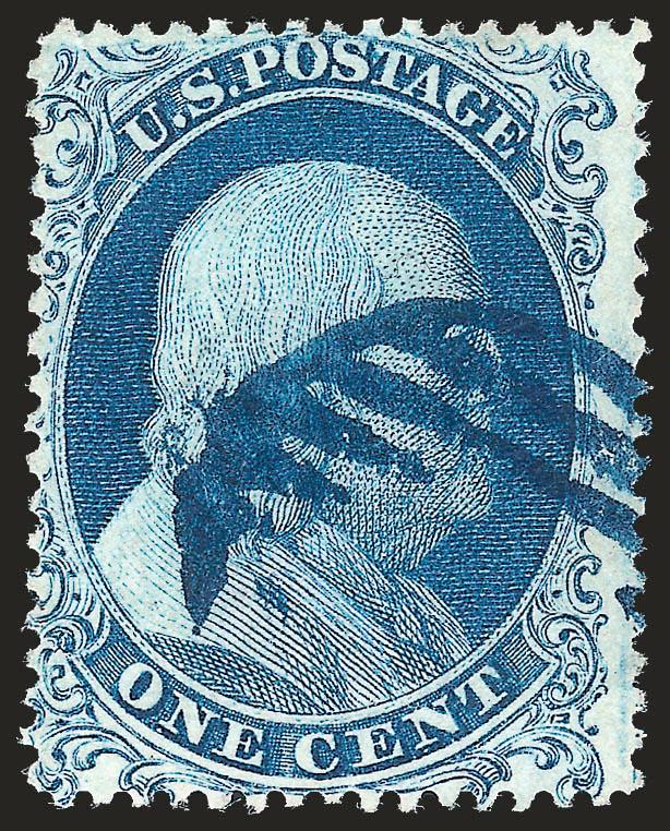 1c Blue, Ty. Ia (19).> Position 95L4, showing clear Type Ia characteristics at bottom, deep rich color, <blue grid> cancel<><>^A FINE AND ATTRACTIVE EXAMPLE OF THE 1857 ONE-CENT PERFORATED TYPE IA.^<><>With 1989
P.F. certificate