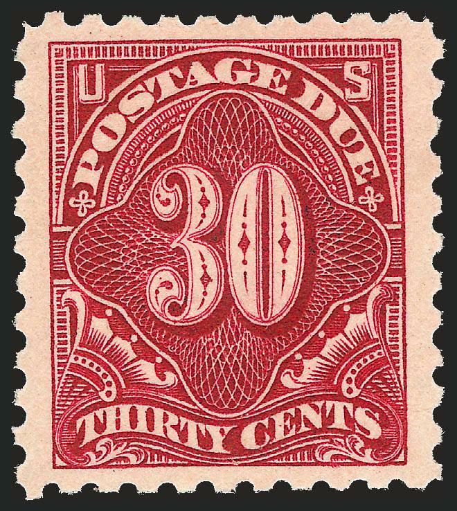 30c Carmine Lake (J57).> Mint N.H., gorgeous Jumbo margins and nearly perfectly centered, rich color and detailed impression, Extremely Fine, with 2001 P.F. certificate for pair and 2008 P.S.E. certificate (XF
90 Jumbo SMQ $900.00 as 90, $1,400.00 a