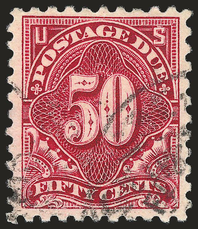 50c Carmine Lake (J58).> Bright color, detailed impression showing every detail of the engraving, unobtrusive cancel<><>^VERY FINE AND CHOICE. THE 1914 50-CENT POSTAGE DUE ISSUE IS VERY DIFFICULT TO FIND IN
SUCH CHOICE CONDITION.^<><>With 1992 P.