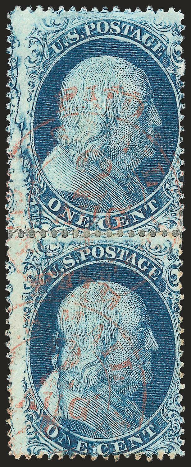 1c Blue, Ty. II, Plate 2 Crack (20 var).> Vertical pair (rejoined), Positions 1323L2, clearly defined crack thru both stamps, deep rich color, red New York carrier cancel, centered to right which maximizes the
visible portion of the crack, Fine pair