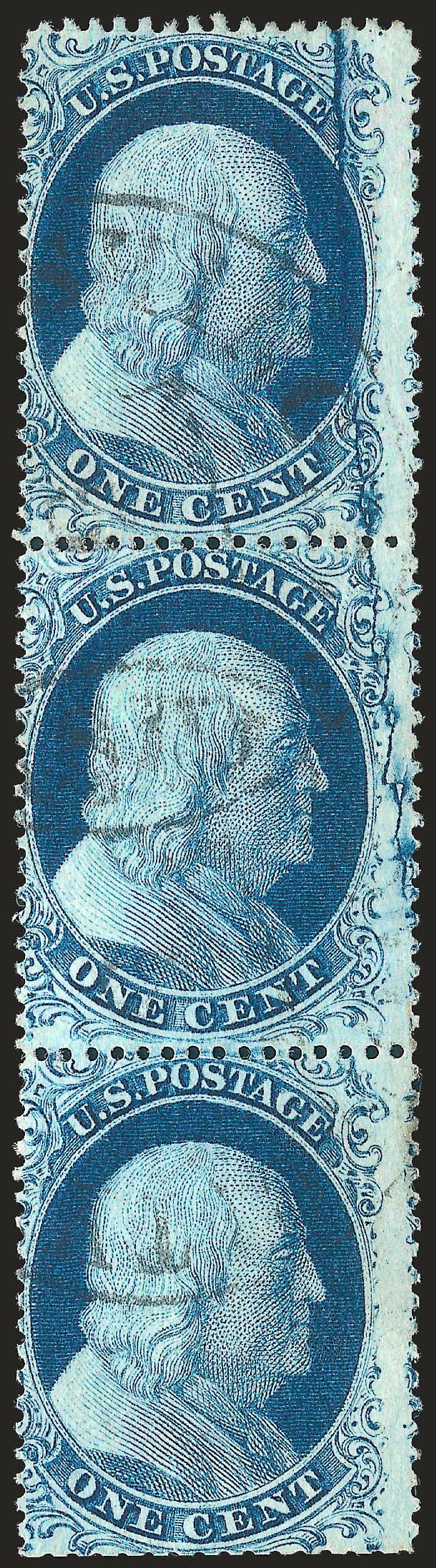 1c Blue, Ty. II, Plate 2 Crack (20 var).> Vertical strip of three, Positions 21222L2, huge lightning bolt crack thru top two stamps, deep rich color, light strikes of circular datestamp cancel, light horizontal
crease through Pos. 12, blunted perfs