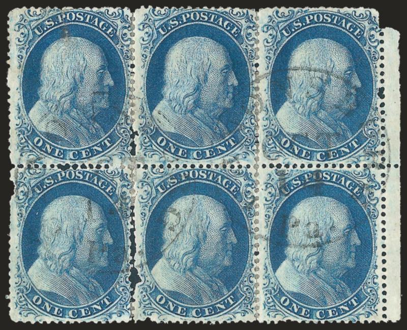 1c Blue, Ty. II-IIIa (20, 22).> Positions 8-1018-20L4, block of six with selvage at right, top row Ty. II, II, II, bottom row Ty. IIIa, II, IIIa, cancelled by two strikes of town datestamp, faults with several
stamps defective, partially rejoined an