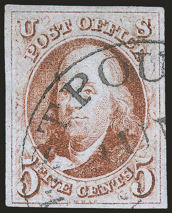 5c Red Brown (1).> Full well-balanced margins, rich color, cancelled by <black West Poultney Vt. circular datestamp,> Very Fine and choice, a scarce 5c 1847 postmarked at West Poultney which did not receive
shipments of the 1847 Issue, we sold a simi