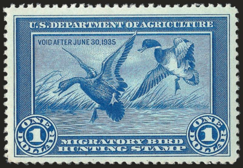 $1.00 1934 Hunting Permit (RW1).> Mint N.H., bright shade, Jumbo margins, light natural gum bend not mentioned on accompanying certificate, Extremely Fine, with 2010 P.S.E. certificate (XF 90 Jumbo SMQ
$1,200.00 as 90, $2,500.00 as 95)