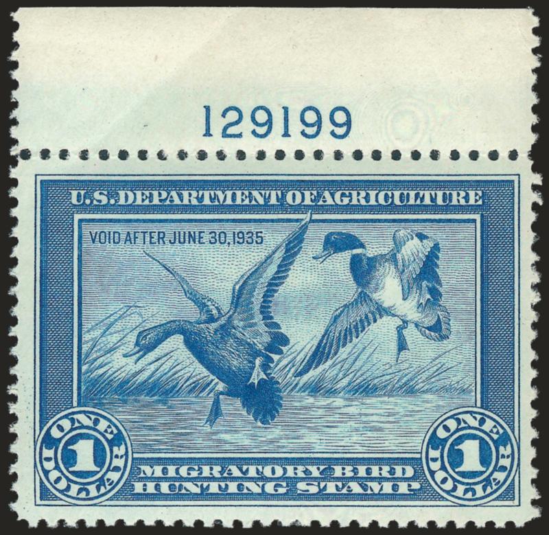 $1.00 1934 Hunting Permit (RW1).> Mint N.H. with top <plate no. 129199> selvage, wide margins and nearly perfectly centered, gorgeous color, Extremely Fine