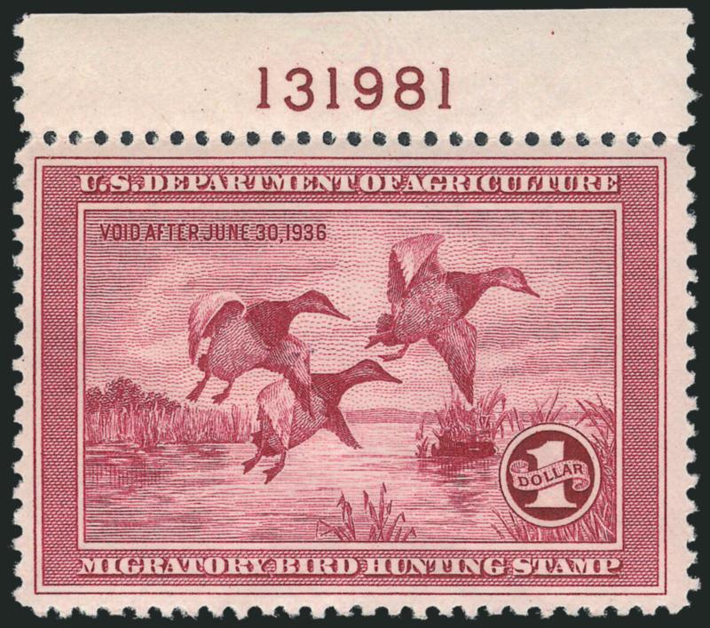 $1.00 1935 Hunting Permit (RW2).> Mint N.H. with top <plate no. 131981> selvage (lightly hinged in selvage), Fine and very attractive