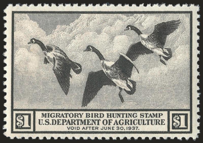 $1.00 1936 Hunting Permit (RW3).> Mint N.H., detailed impression, well-proportioned margins, Extremely Fine, with 2005 P.S.E. certificate (XF 90 SMQ $470.00)