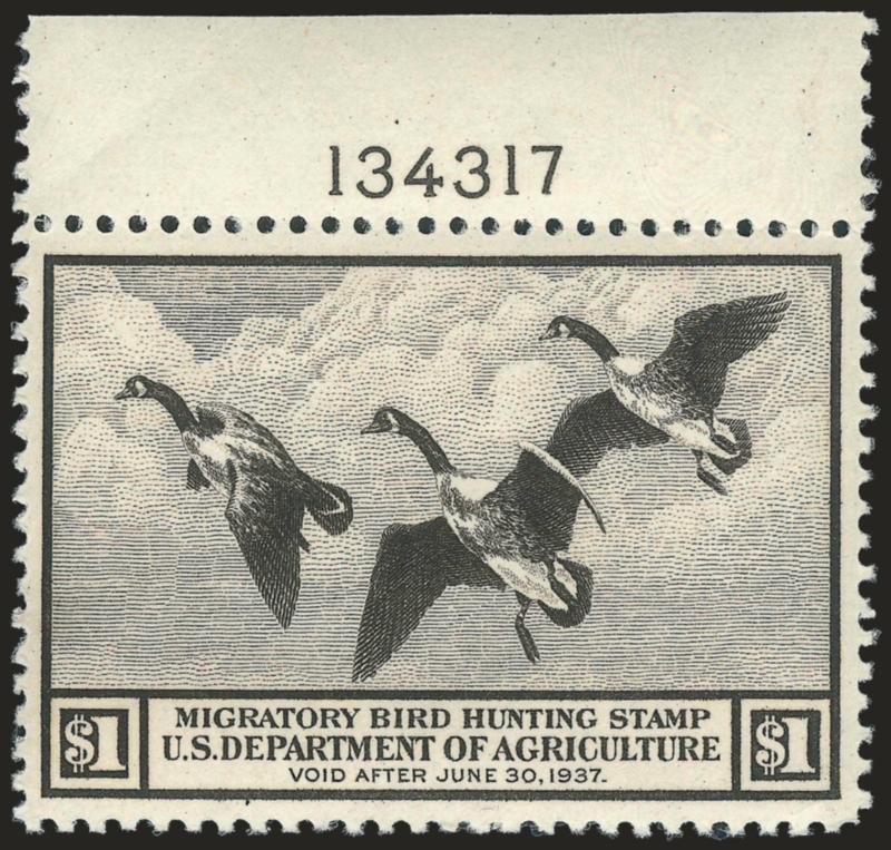 $1.00 1936 Hunting Permit (RW3).> Mint N.H. with top <plate no. 134317> selvage (lightly hinged in selvage), intense shade, Extremely Fine