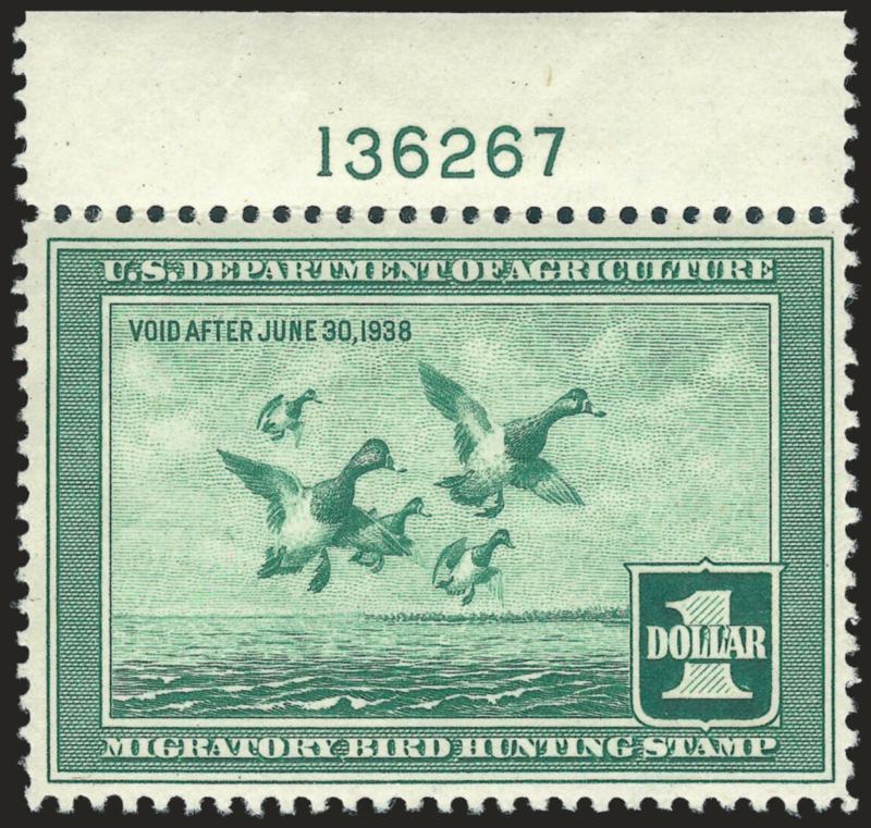 $1.00 1937 Hunting Permit (RW4).> Mint N.H. with <top plate no. 136267> selvage (h.r. in selvage), pretty color, Very Fine
