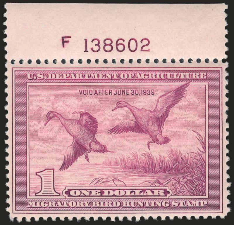 $1.00 1938 Hunting Permit (RW5).> Mint N.H. with top <plate no. F138602> selvage, bright color and beautifully centered, Extremely Fine