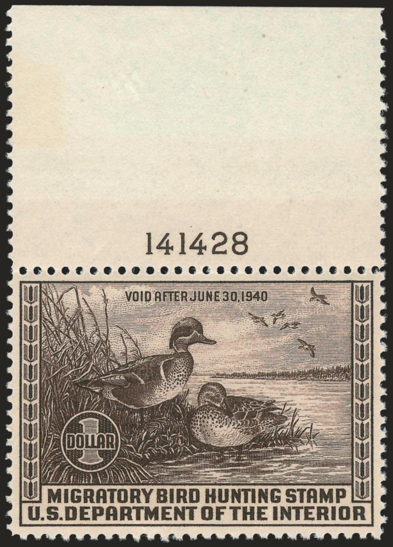 $1.00 1939 Hunting Permit (RW6).> Mint N.H. with huge top <plate no. 141428> selvage, dark color and clear impression, Extremely Fine Gem, with 2009 P.S.E. certificate (Superb 98 SMQ $1,850.00), one of eight to
have attained this grade among a popul