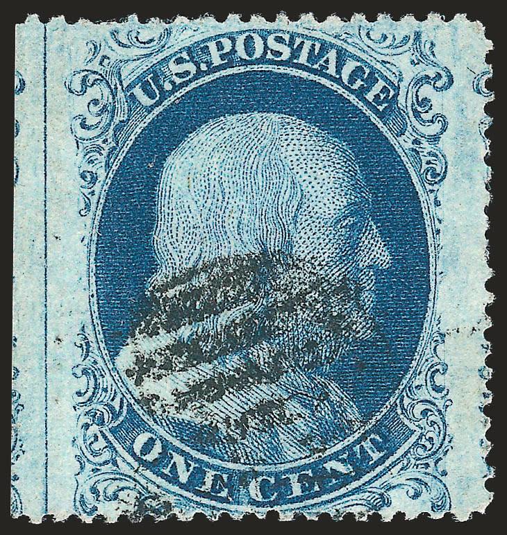 1c Blue, Ty. IIIa (22).> Position 91R11, huge <straddle margin with complete center line at left>, also huge margin at right showing portion of adjoining stamp and nicely centered top and bottom, rich color,
small thin spot in margin at left, Extreme