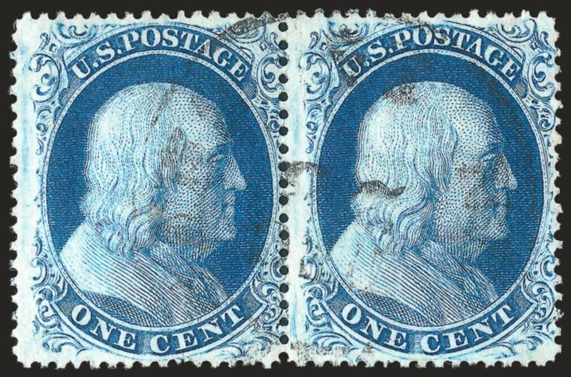 1c Blue, Ty. IIIa (22).> Positions 28-29R4, horizontal pair, clear breaks at top, beautiful bright color, nicely centered, light town datestamp, Fine