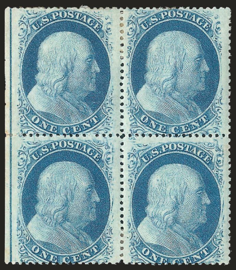 1c Blue, Ty. V (24).> Positions 51-5261-62R9, block of four, original gum, h.r., <center line> at left with natural s.e., Position 52 showing a <major double transfer> at bottom, bright color, couple tiny thin
spots, Very Good-Fine appearance, an at