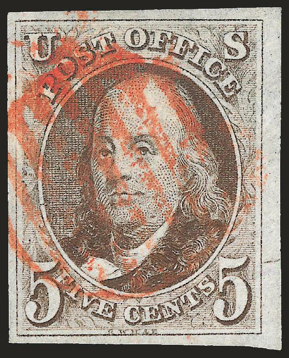 5c Red Brown (1).> Large to full margins, detailed impression in a dark grayish shade, neat strike of red grid cancel, Extremely Fine