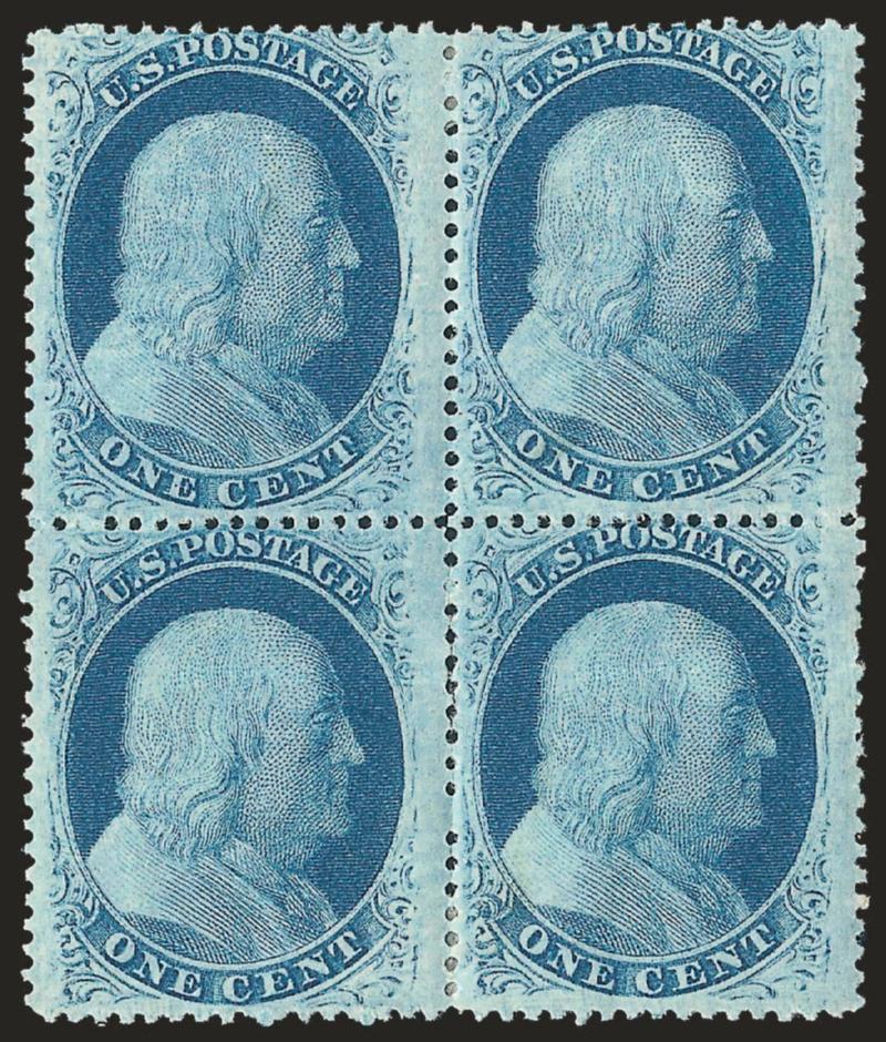 1c Blue, Ty. V (24).> Block of four, original gum, h.r., rich color, nice centering, small thin at top, fresh and Fine appearance
